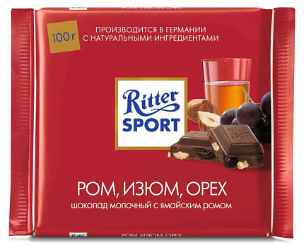Шоколад RITTER SPORT молочный ром изюм орех