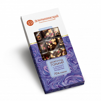 Шоколад горький 70% какао с гранолой, малиной и миндалем Добрынинский